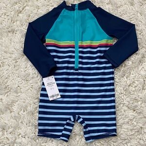 Carters boys size 12mo Long Sleeve Blue/ Navy striped bathing suit NWT ¥
